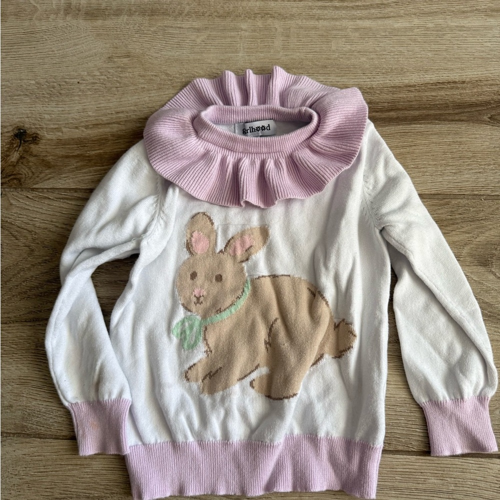 Pastel Pink and White Kids Sweater with Bunny Design
